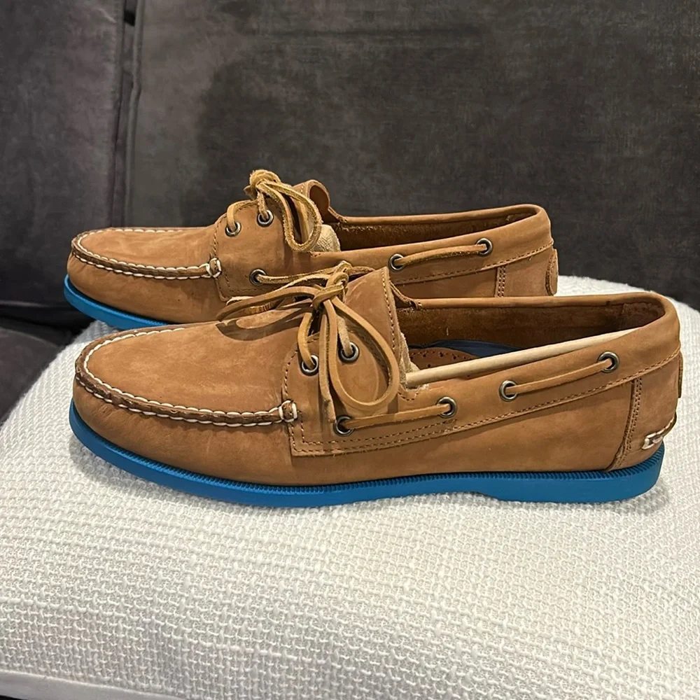 Just Like Sebago’s !! Froats Brown Nubuck Leather W/Blue Rubber Soles Boat Shoes